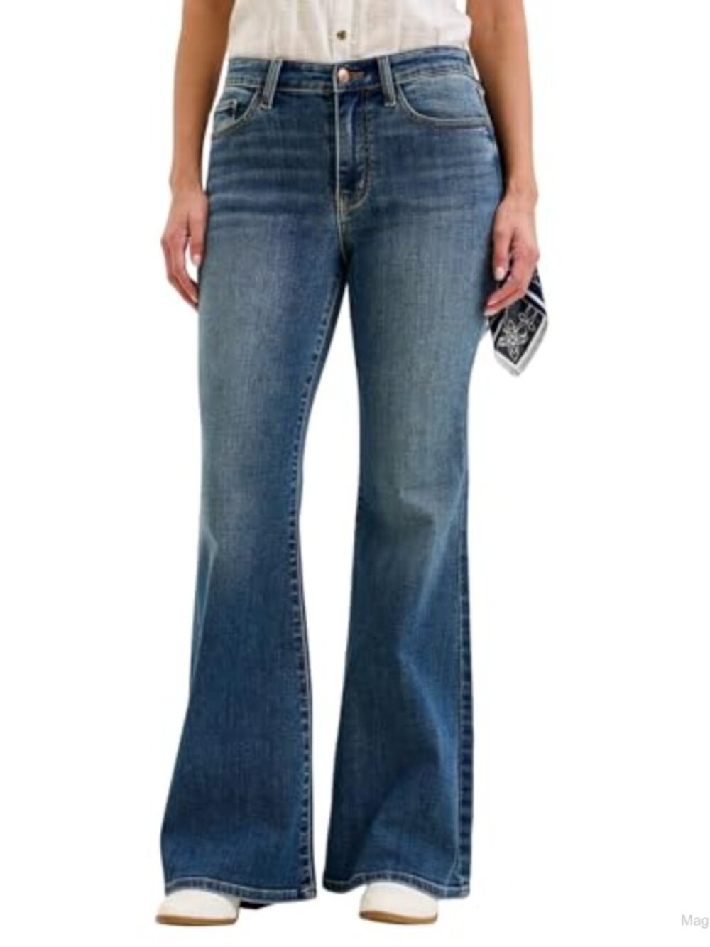 Mid Rise Flare Jeans Stretch Denim Bandana Loop 33" Inseam